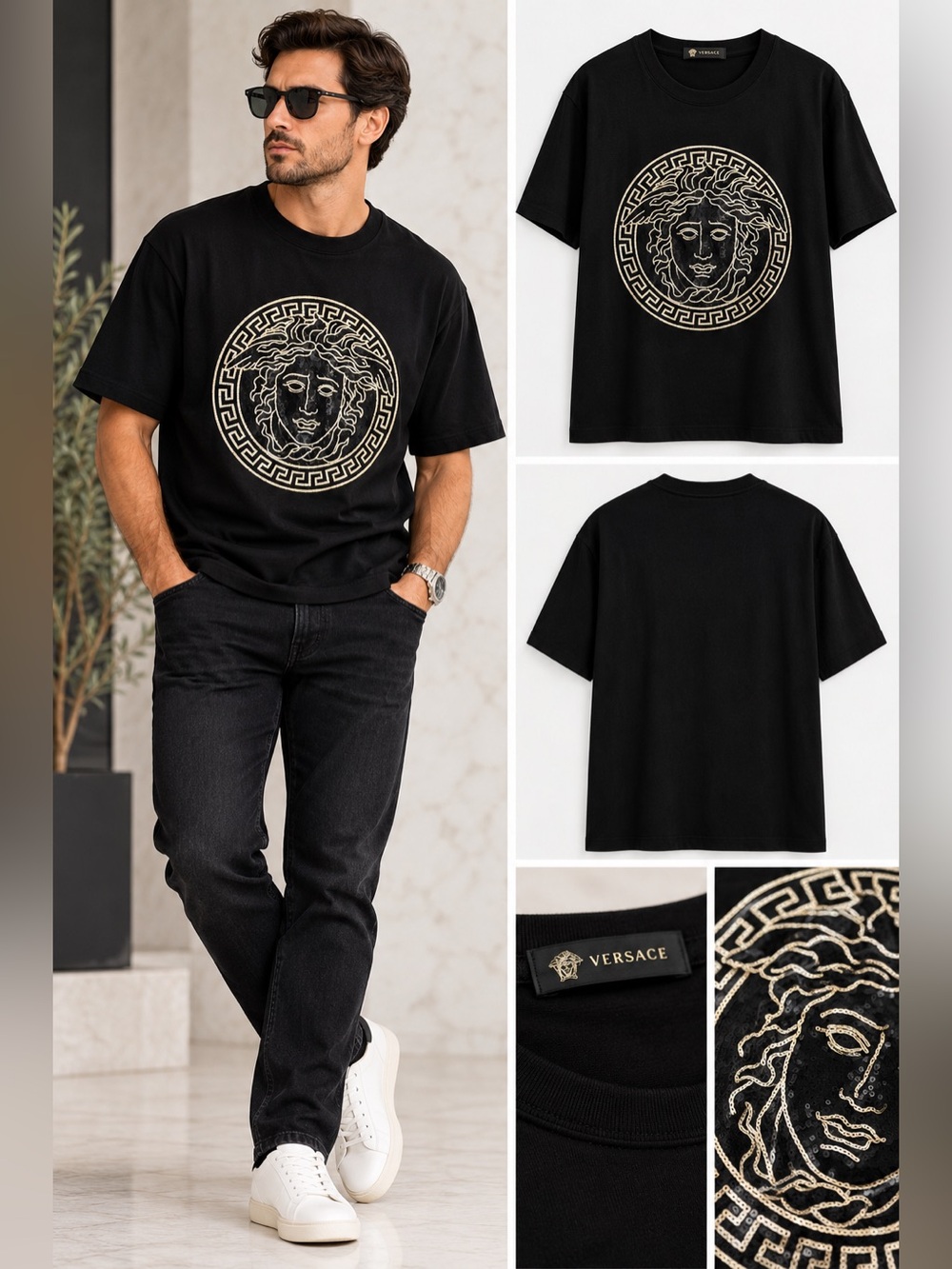 VERSACE - Black Tee with Sequin Gold Medusa